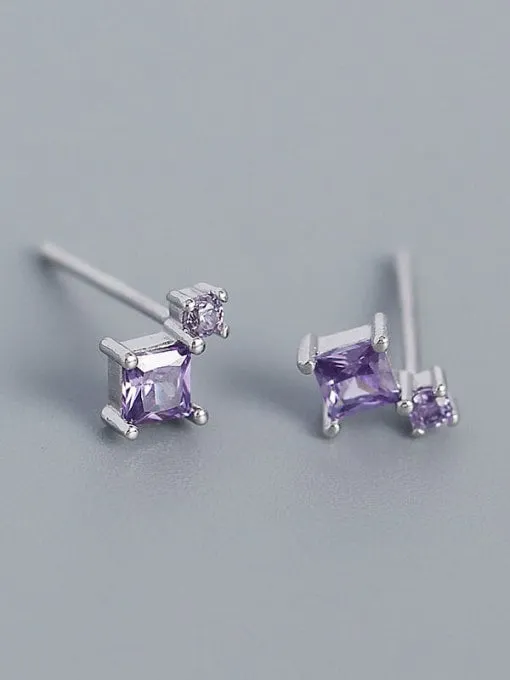 Square Round Tiny Stud Earrings, .925 Sterling Silver Cubic Zirconia Dainty Cartilage Stud Earrings