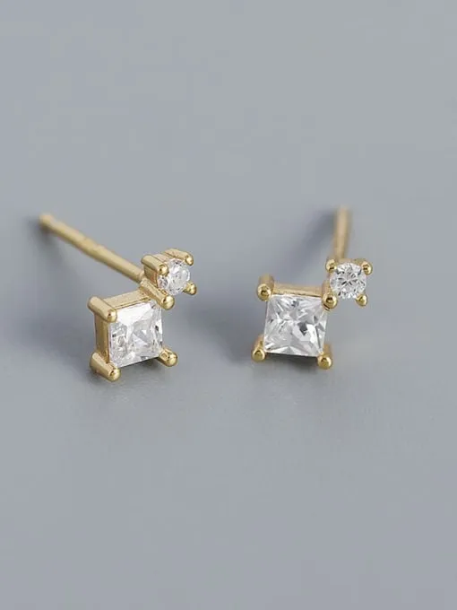 Square Round Tiny Stud Earrings, .925 Sterling Silver Cubic Zirconia Dainty Cartilage Stud Earrings