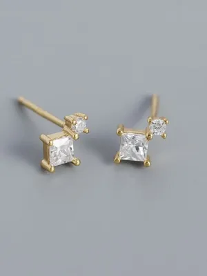 Square Round Tiny Stud Earrings, .925 Sterling Silver Cubic Zirconia Dainty Cartilage Stud Earrings