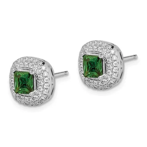 Sterling Silver 11mm White And Green CZ Halo Post Earrings