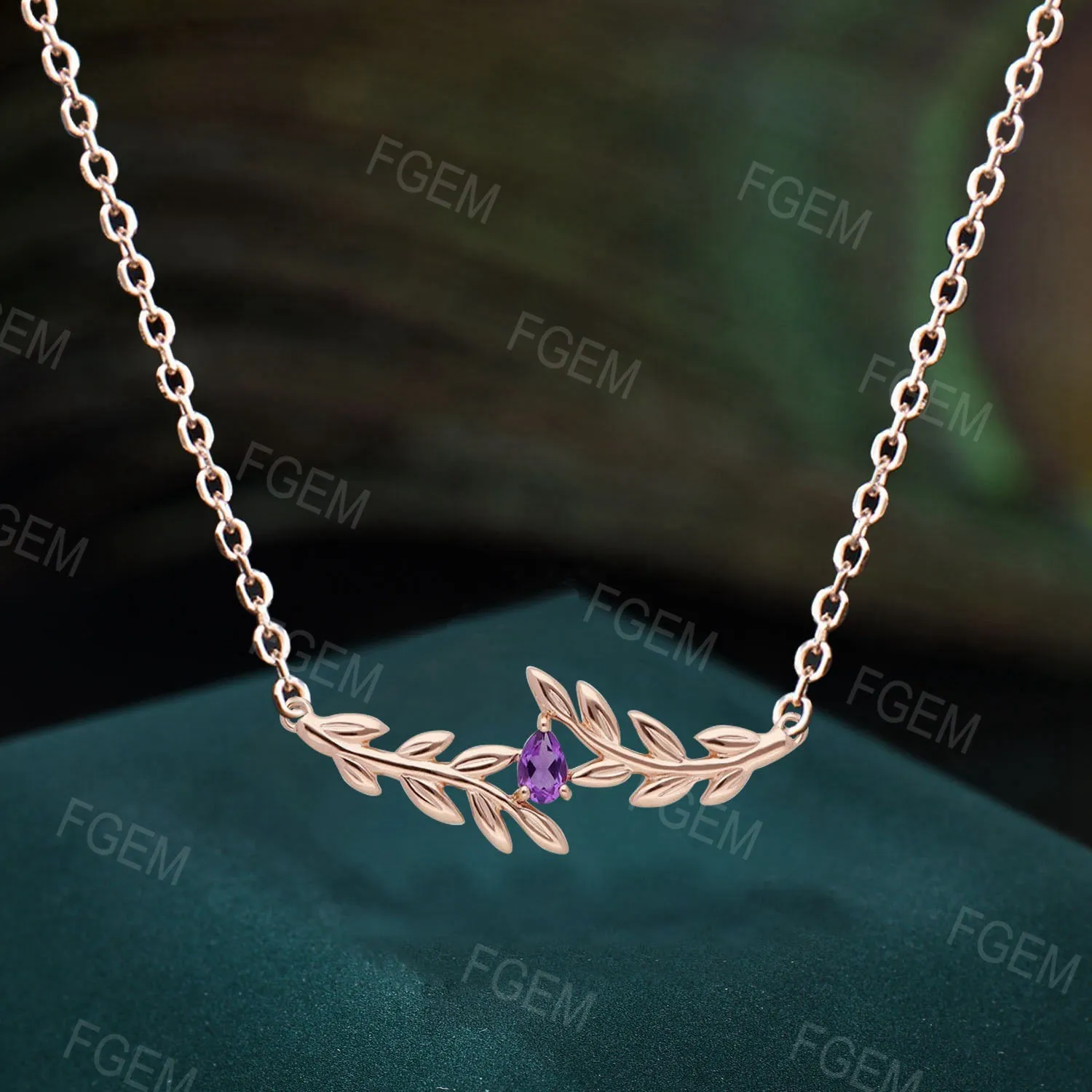 Teardrop Natural Amethyst Necklace Vintage Leaf Vine Amethyst Pendant 14k/18k Rose Gold Olive Leaf Necklace Nature Jewelry Anniversary Gifts