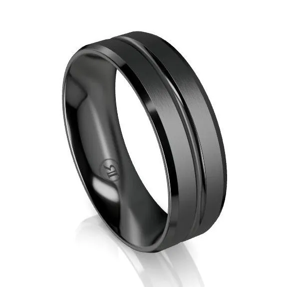 The Brushed Black Zirconium and Polished Grooved Bevelled Edge Wedding Ring - Comfort Fit (IN1383)