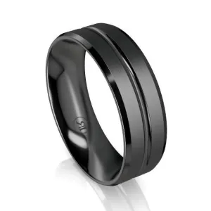 The Brushed Black Zirconium and Polished Grooved Bevelled Edge Wedding Ring - Comfort Fit (IN1383)