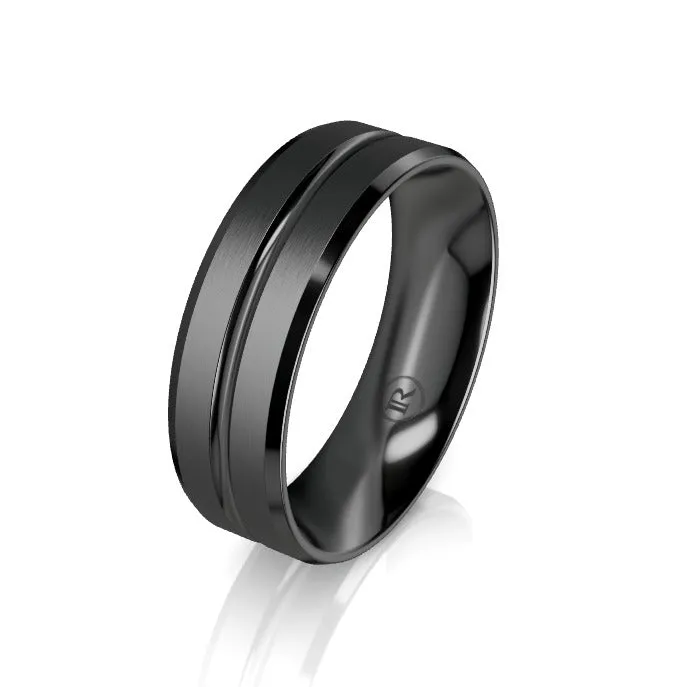 The Brushed Black Zirconium and Polished Grooved Bevelled Edge Wedding Ring - Comfort Fit (IN1383)