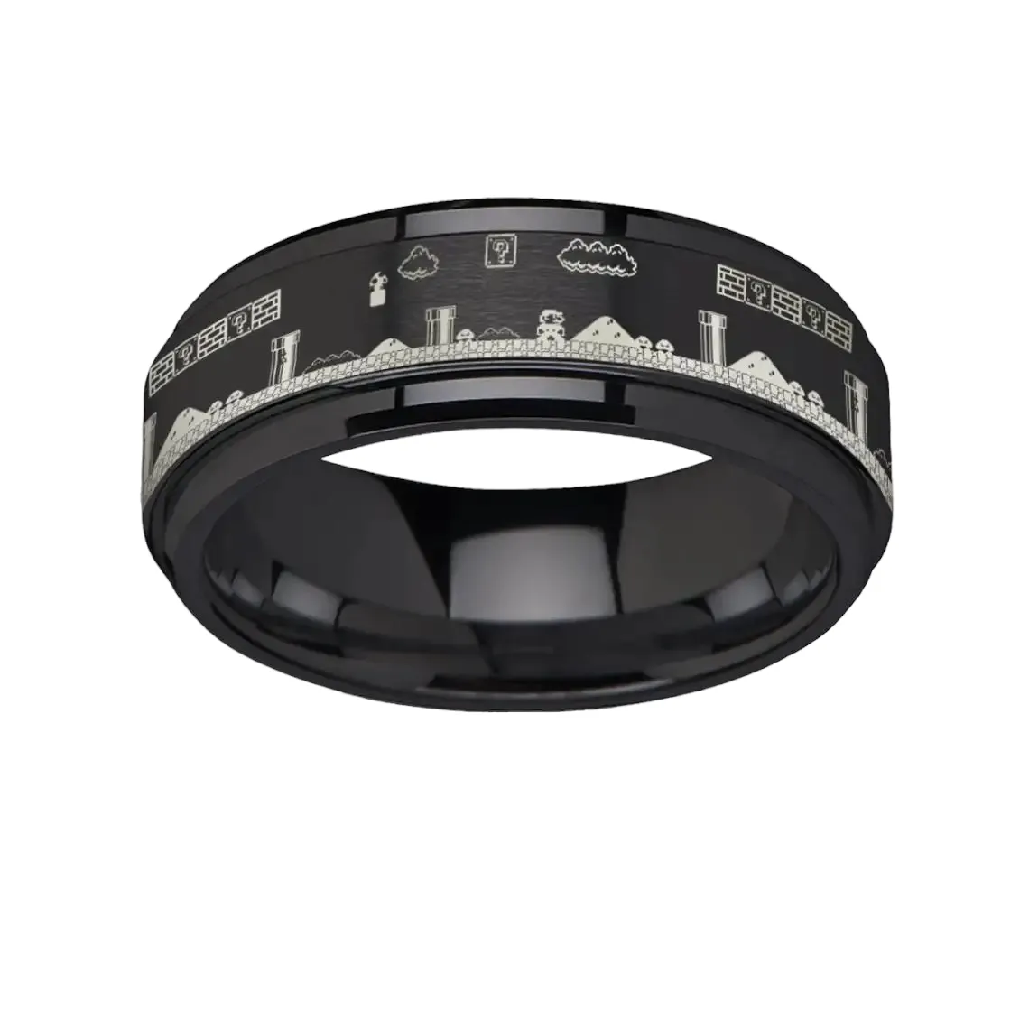 Thorsten Spinning Engraved Super Mario Bros Pixel Level Game Black Tungsten Carbide Spinner Band - 8mm