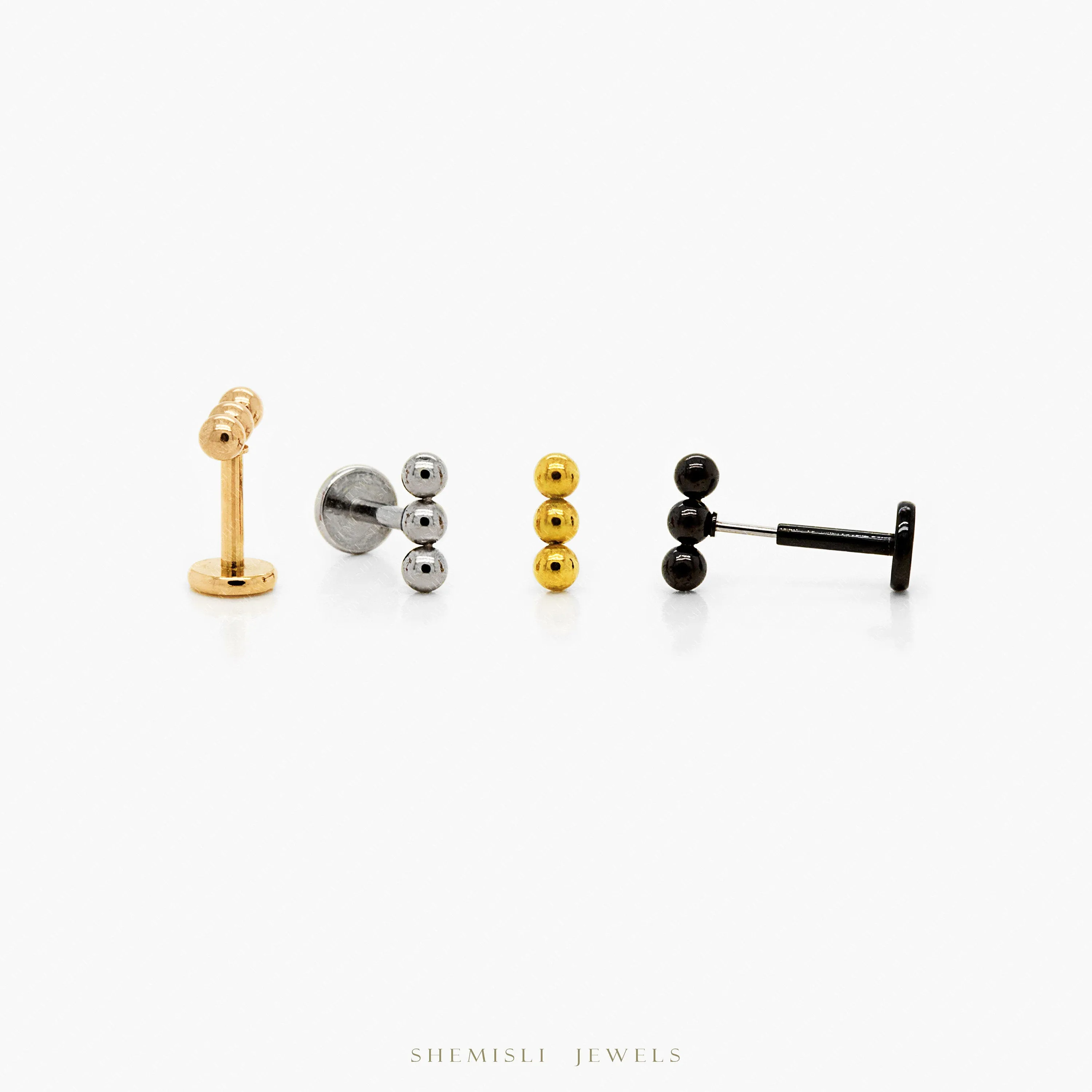 Tiny 3 beads Threadless Flat Back Tragus Stud, 20,18,16ga, 5-10mm Unisex, Surgical Steel SHEMISLI SS593