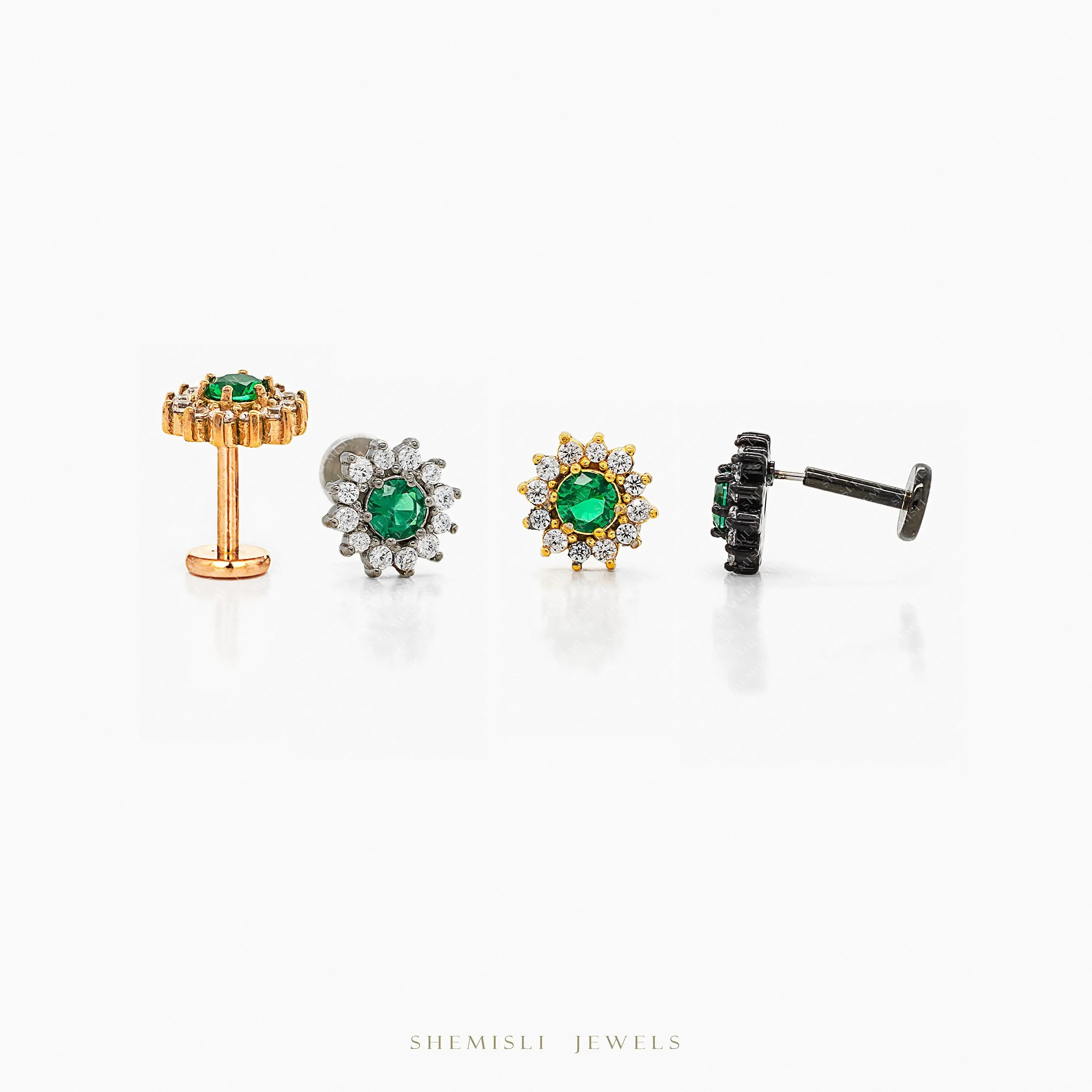 Tiny Emerald Flower Threadless Flat Back Earrings, 20,18,16ga, 5-10mm Unisex, Surgical Steel SHEMISLI SS996