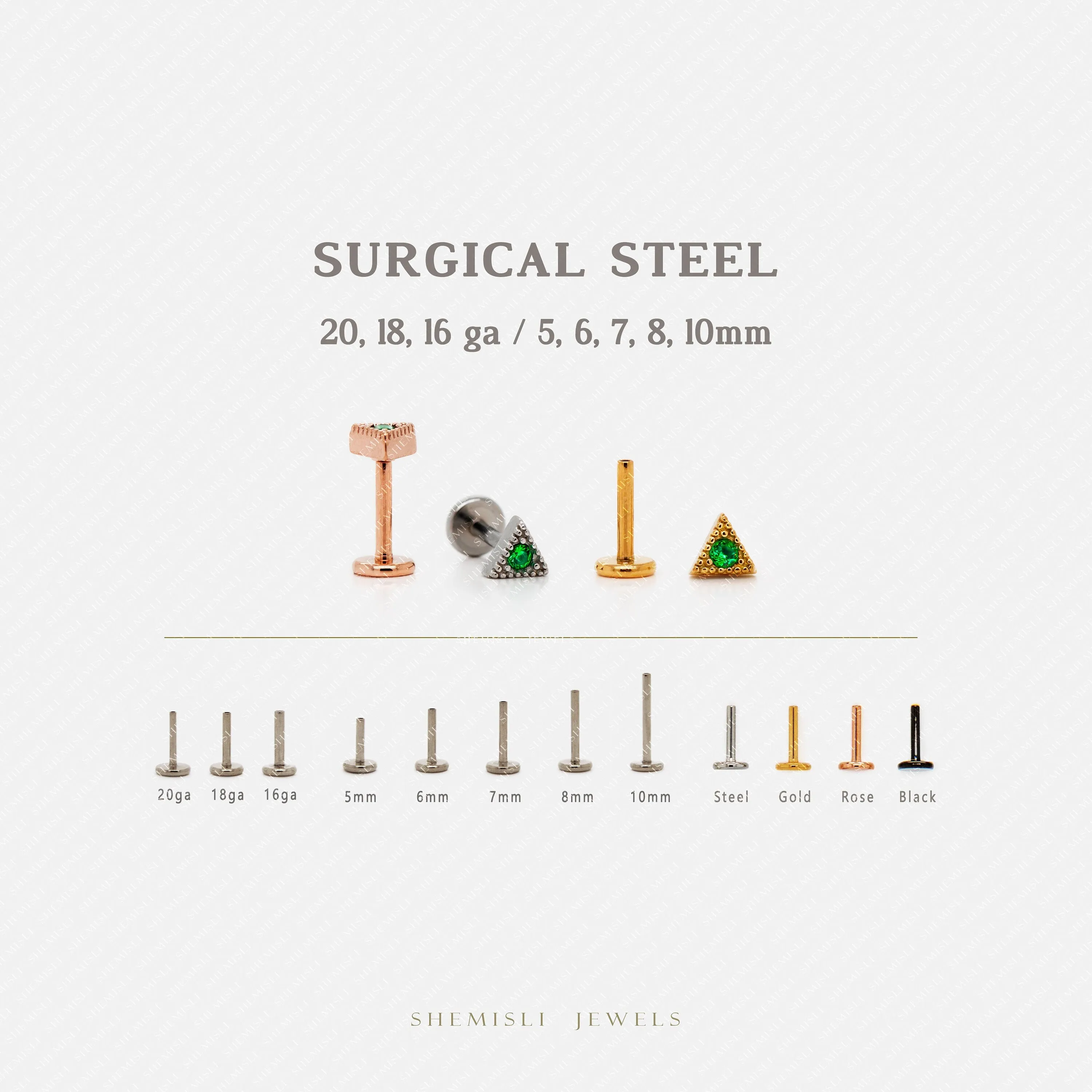 Tiny Triangle Emerald Stone Threadless Flat Back Tragus Stud, 20,18,16ga, 5-10mm, Unisex, Surgical Steel, SHEMISLI SS555