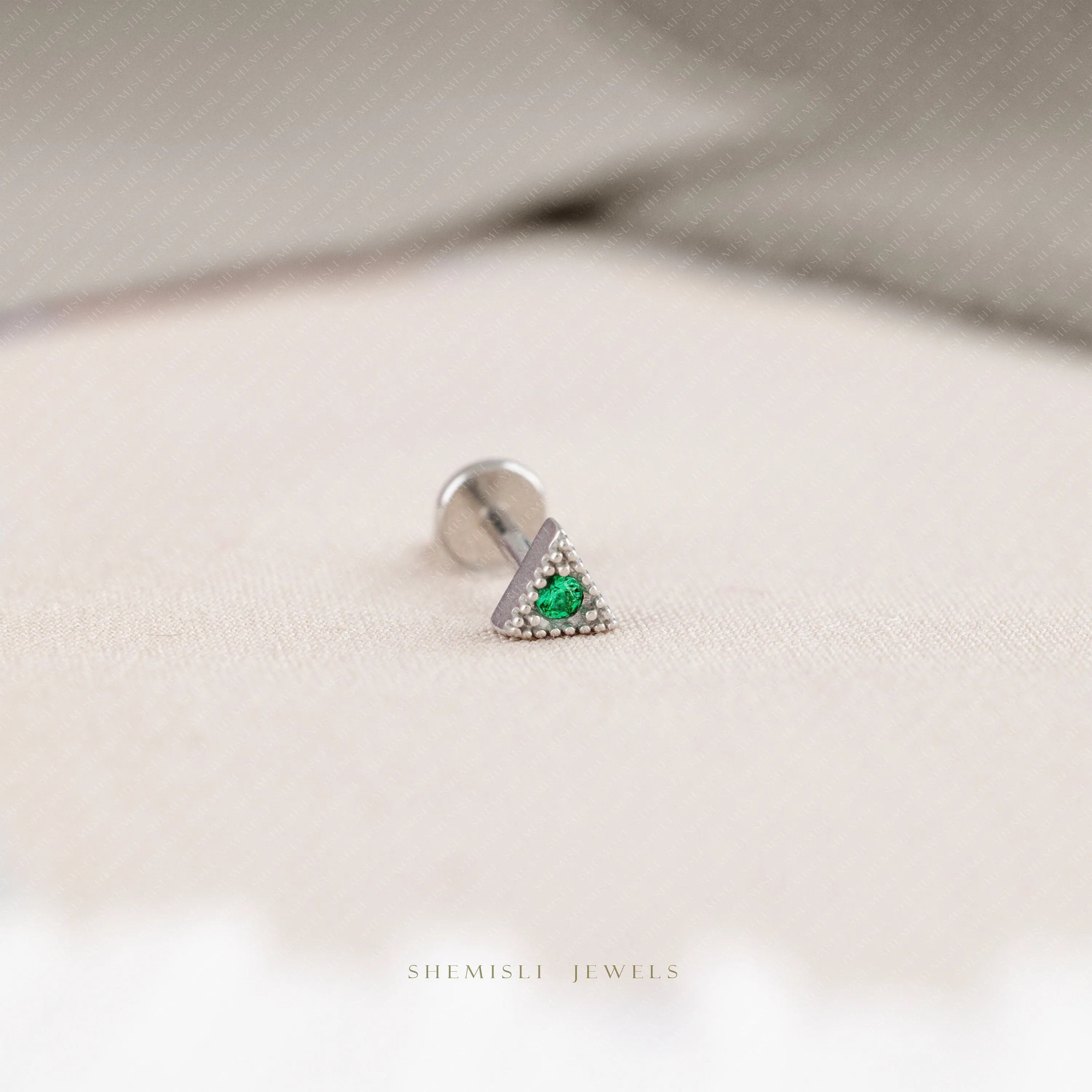 Tiny Triangle Emerald Stone Threadless Flat Back Tragus Stud, 20,18,16ga, 5-10mm, Unisex, Surgical Steel, SHEMISLI SS555