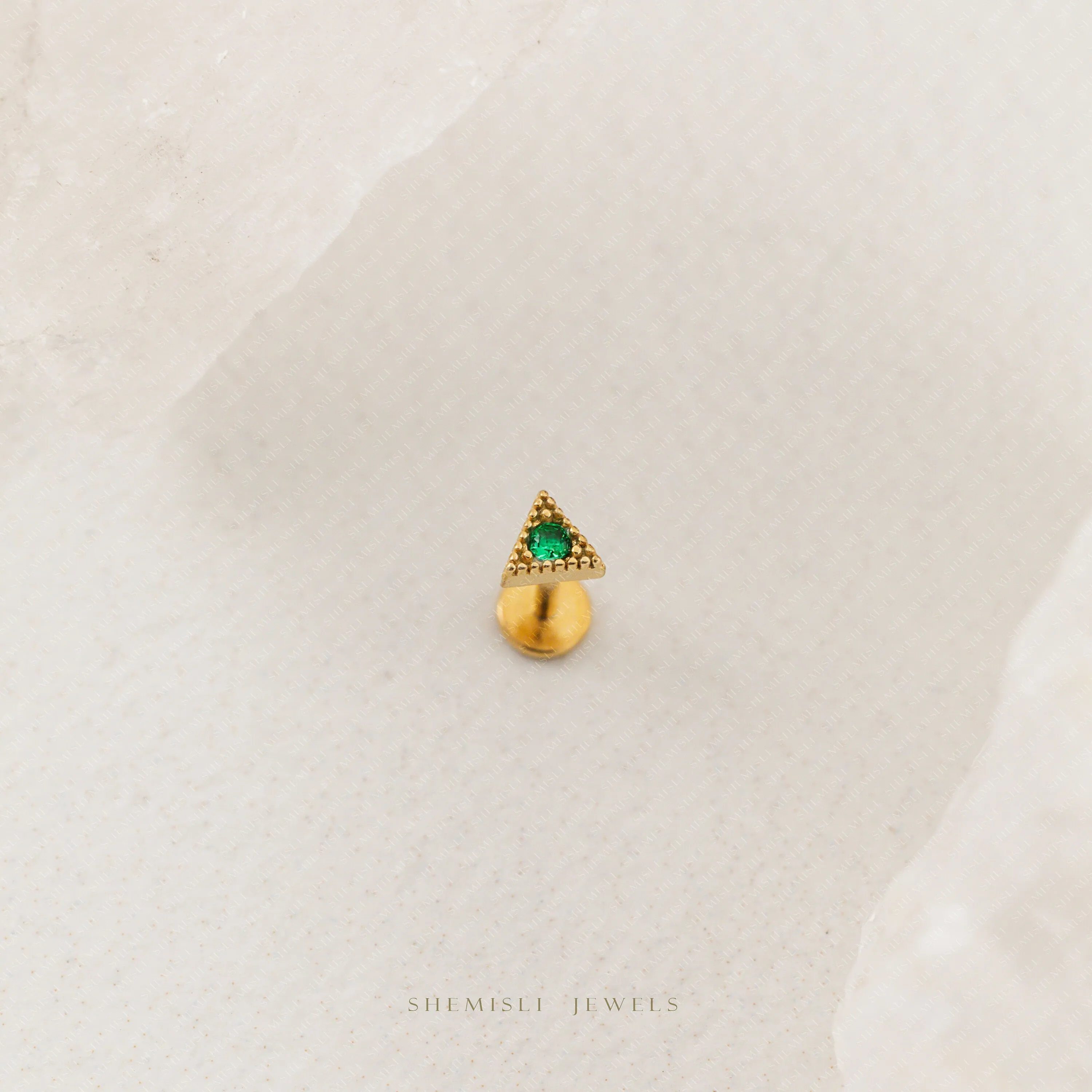 Tiny Triangle Emerald Stone Threadless Flat Back Tragus Stud, 20,18,16ga, 5-10mm, Unisex, Surgical Steel, SHEMISLI SS555