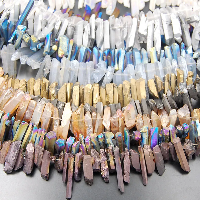 Titanium Coated Natural Quartz Crystal Druzy Freeform Stick Pointed Beads 8"