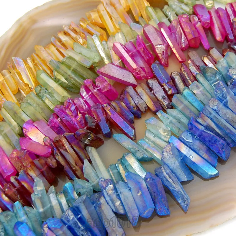 Titanium Coated Natural Quartz Crystal Druzy Freeform Stick Pointed Beads 8"