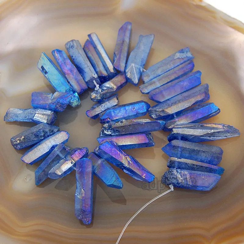 Titanium Coated Natural Quartz Crystal Druzy Freeform Stick Pointed Beads 8"