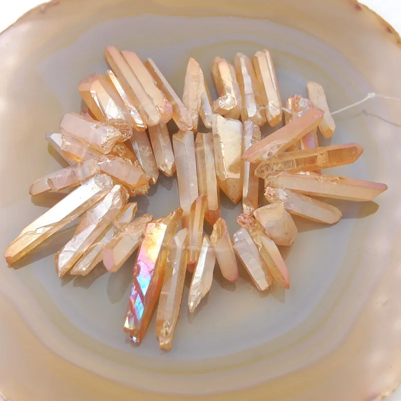 Titanium Coated Natural Quartz Crystal Druzy Freeform Stick Pointed Beads 8"