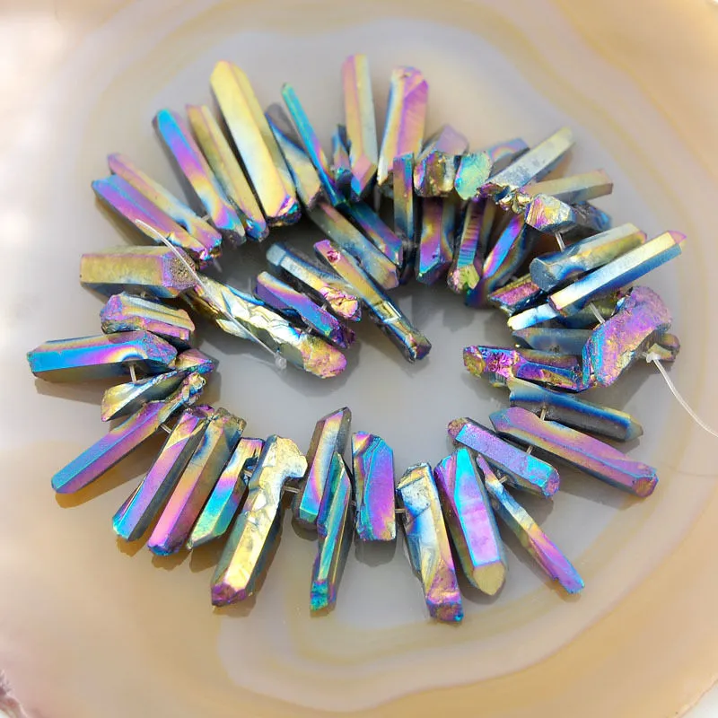 Titanium Coated Natural Quartz Crystal Druzy Freeform Stick Pointed Beads 8"