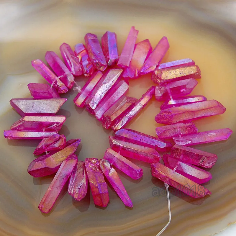 Titanium Coated Natural Quartz Crystal Druzy Freeform Stick Pointed Beads 8"