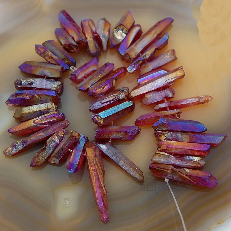 Titanium Coated Natural Quartz Crystal Druzy Freeform Stick Pointed Beads 8"