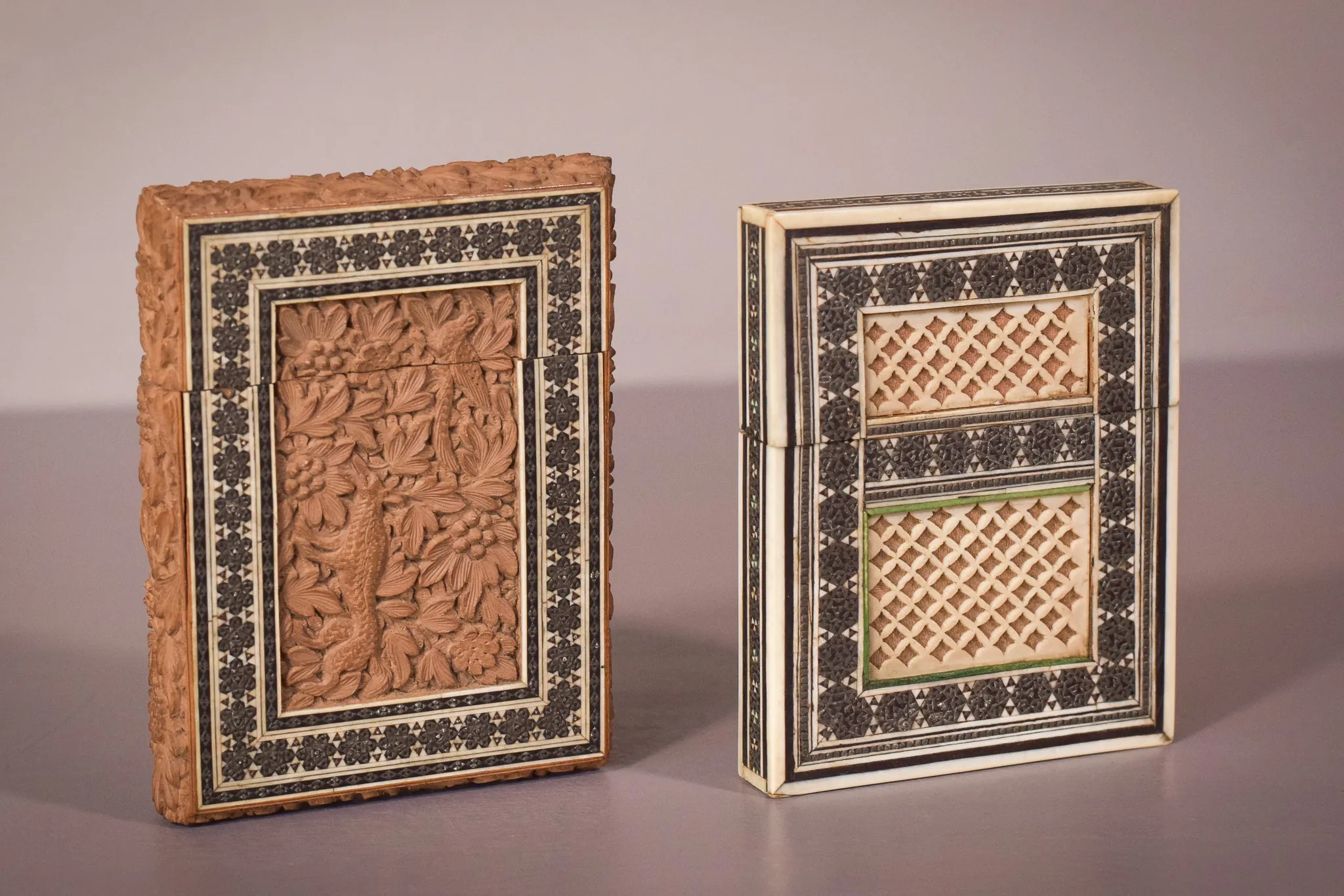 Two 19C Anglo Indian Sadeli Mosaic Greeting Card Cases