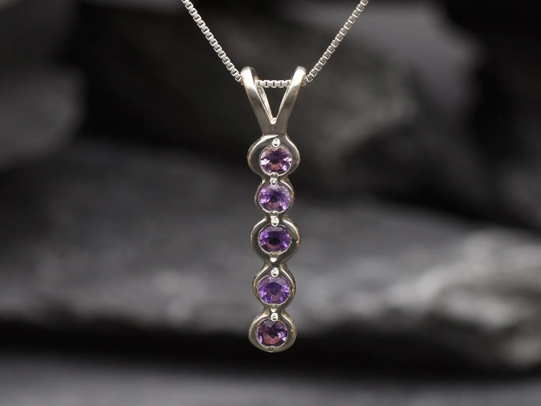 Vertical Amethyst Necklace - Silver Bubble Pendant - Layering Necklace