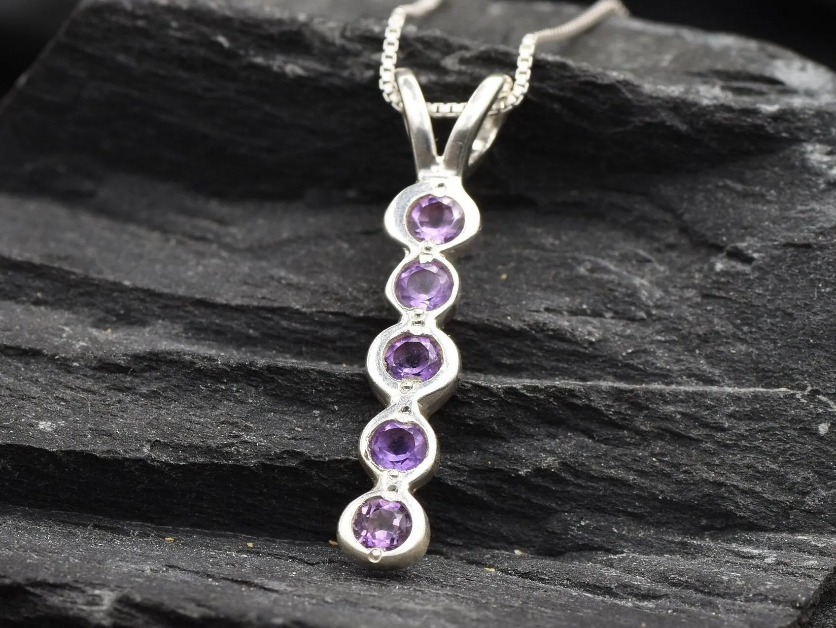 Vertical Amethyst Necklace - Silver Bubble Pendant - Layering Necklace