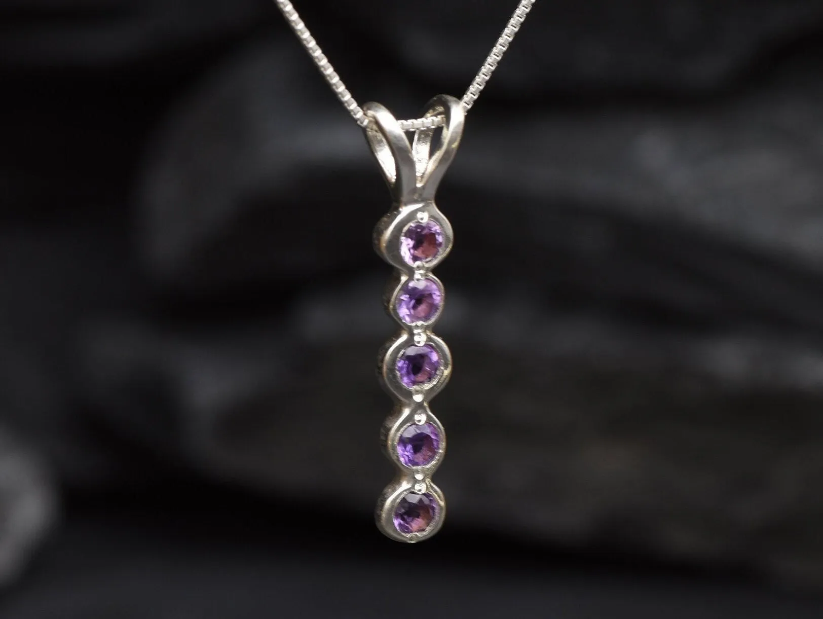 Vertical Amethyst Necklace - Silver Bubble Pendant - Layering Necklace