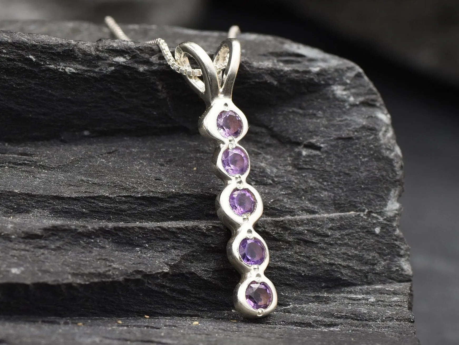 Vertical Amethyst Necklace - Silver Bubble Pendant - Layering Necklace