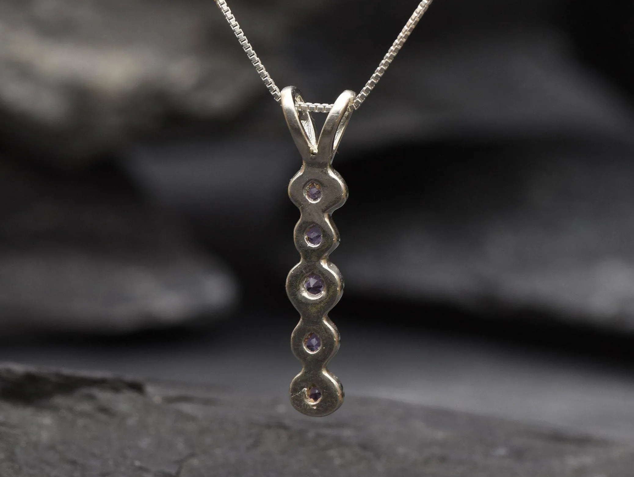 Vertical Amethyst Necklace - Silver Bubble Pendant - Layering Necklace