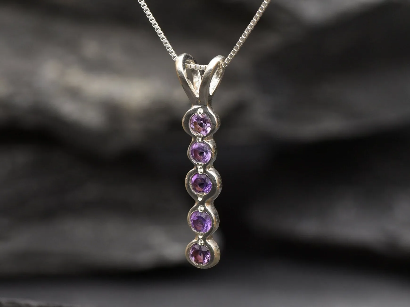 Vertical Amethyst Necklace - Silver Bubble Pendant - Layering Necklace