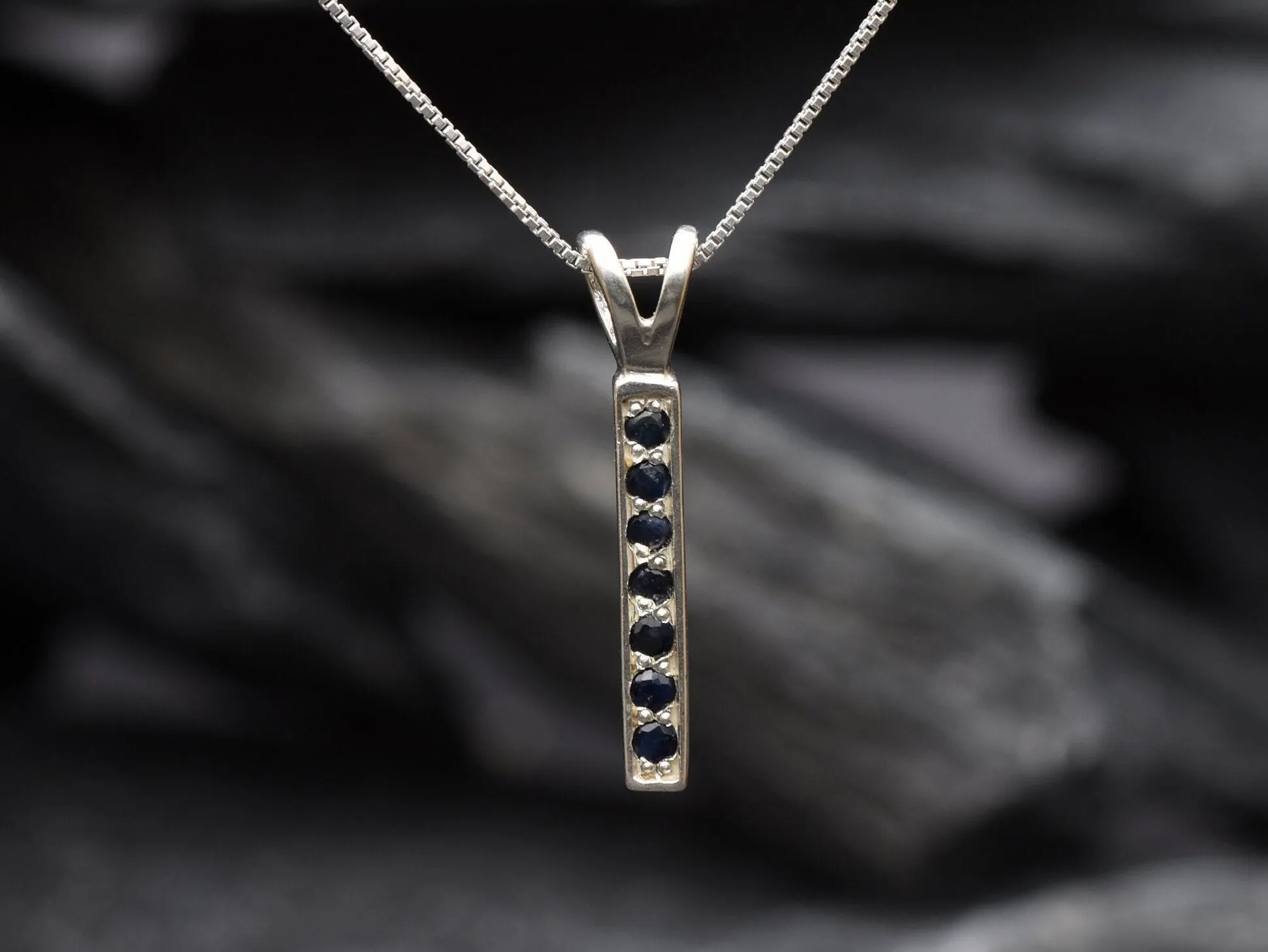 Vertical Sapphire Pendant - Blue Sapphire Necklace - September Birthstone Necklace