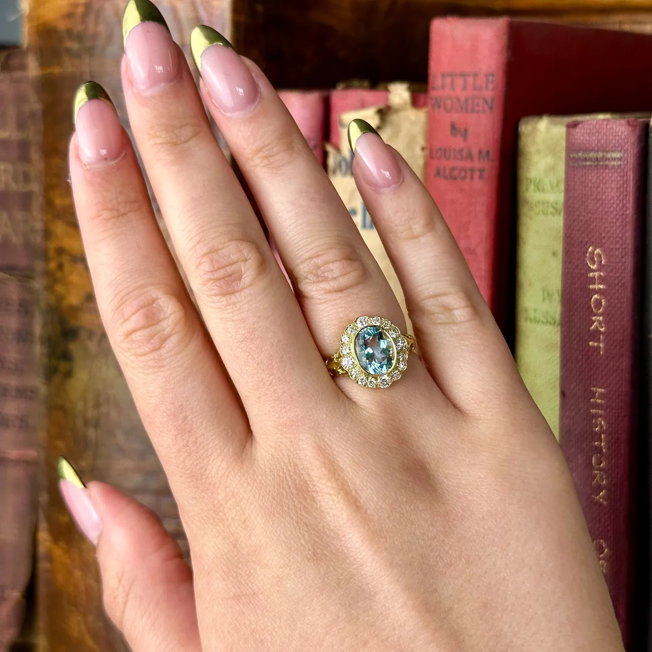 Victorian Style Aquamarine Diamond Cluster Ring 2.5ct Aqua