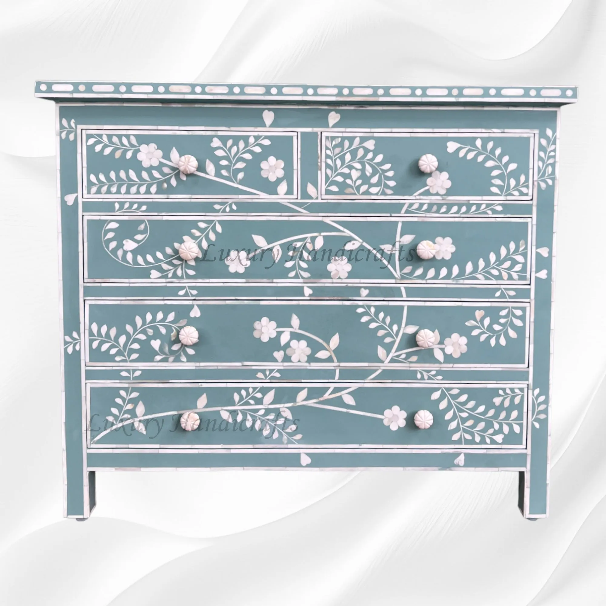 Vine Bone Inlay 5 Drawer Dresser Dull Green