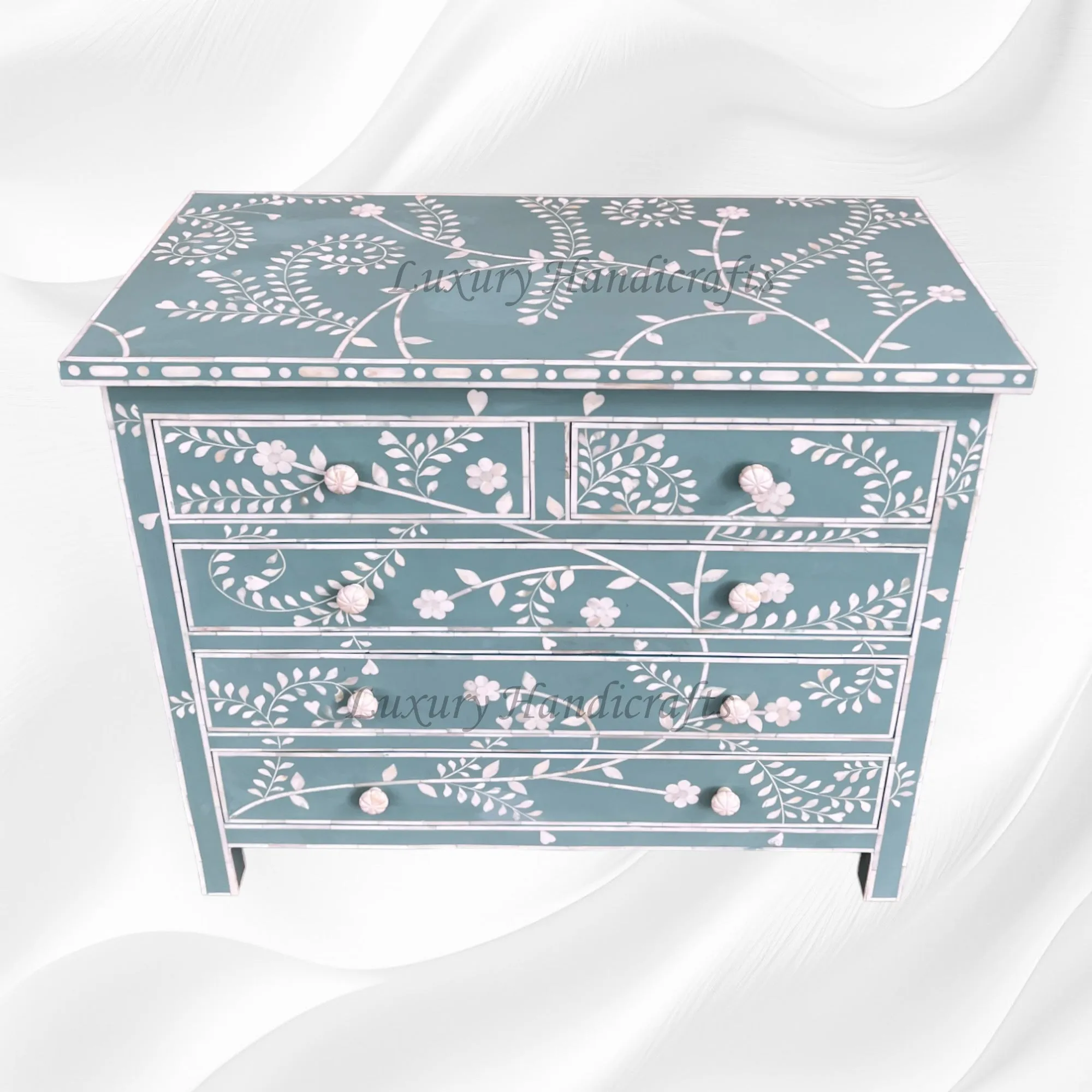 Vine Bone Inlay 5 Drawer Dresser Dull Green