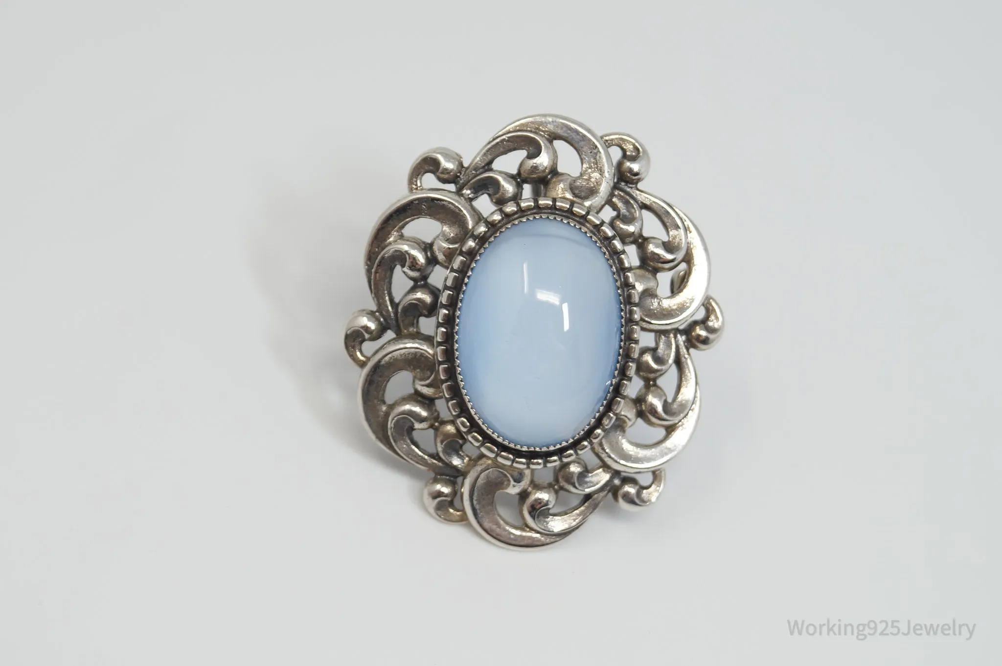 Vintage 1950s Danecraft Blue Opalite Stone Sterling Silver Pendant Pin Brooch