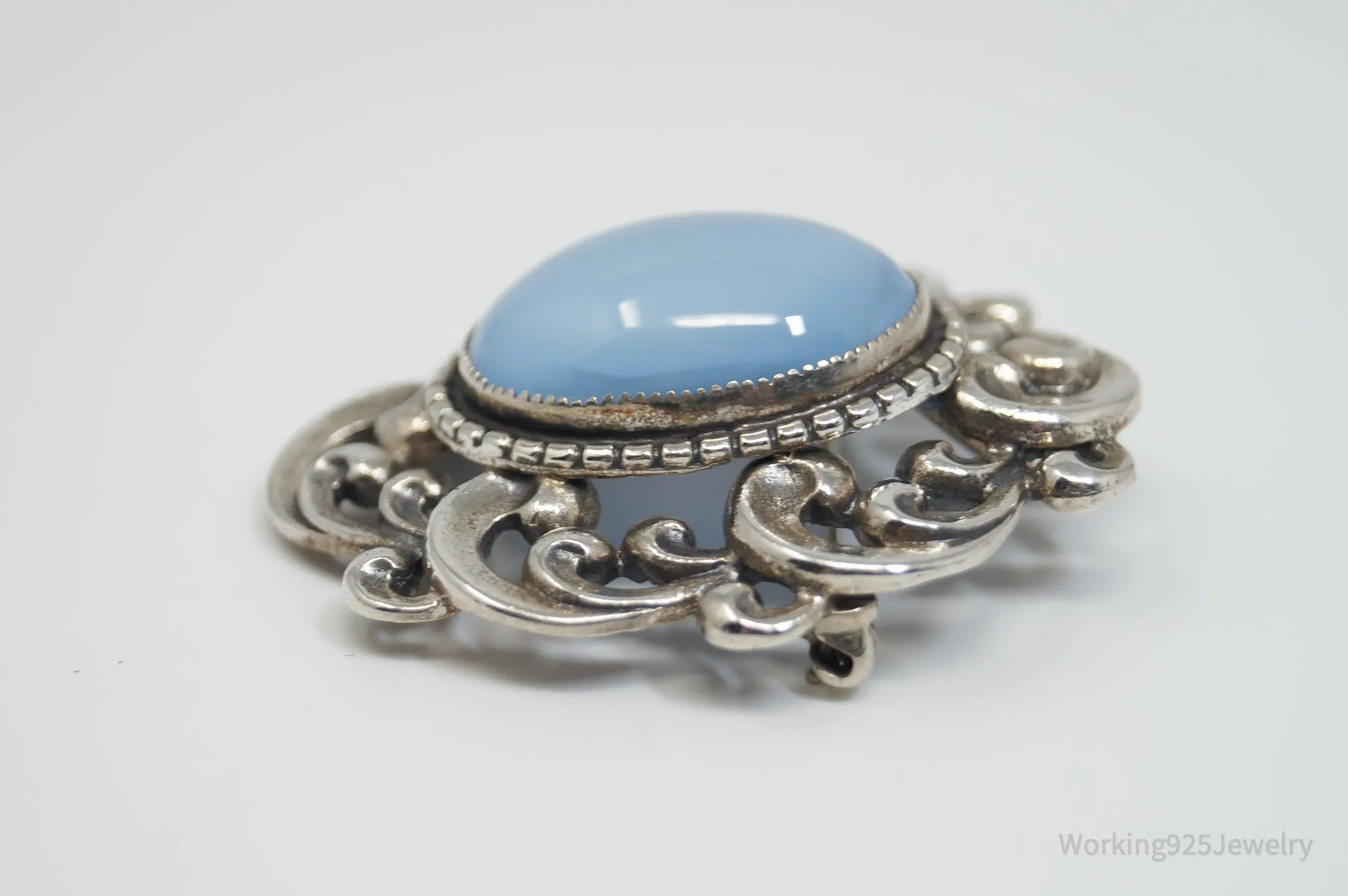 Vintage 1950s Danecraft Blue Opalite Stone Sterling Silver Pendant Pin Brooch