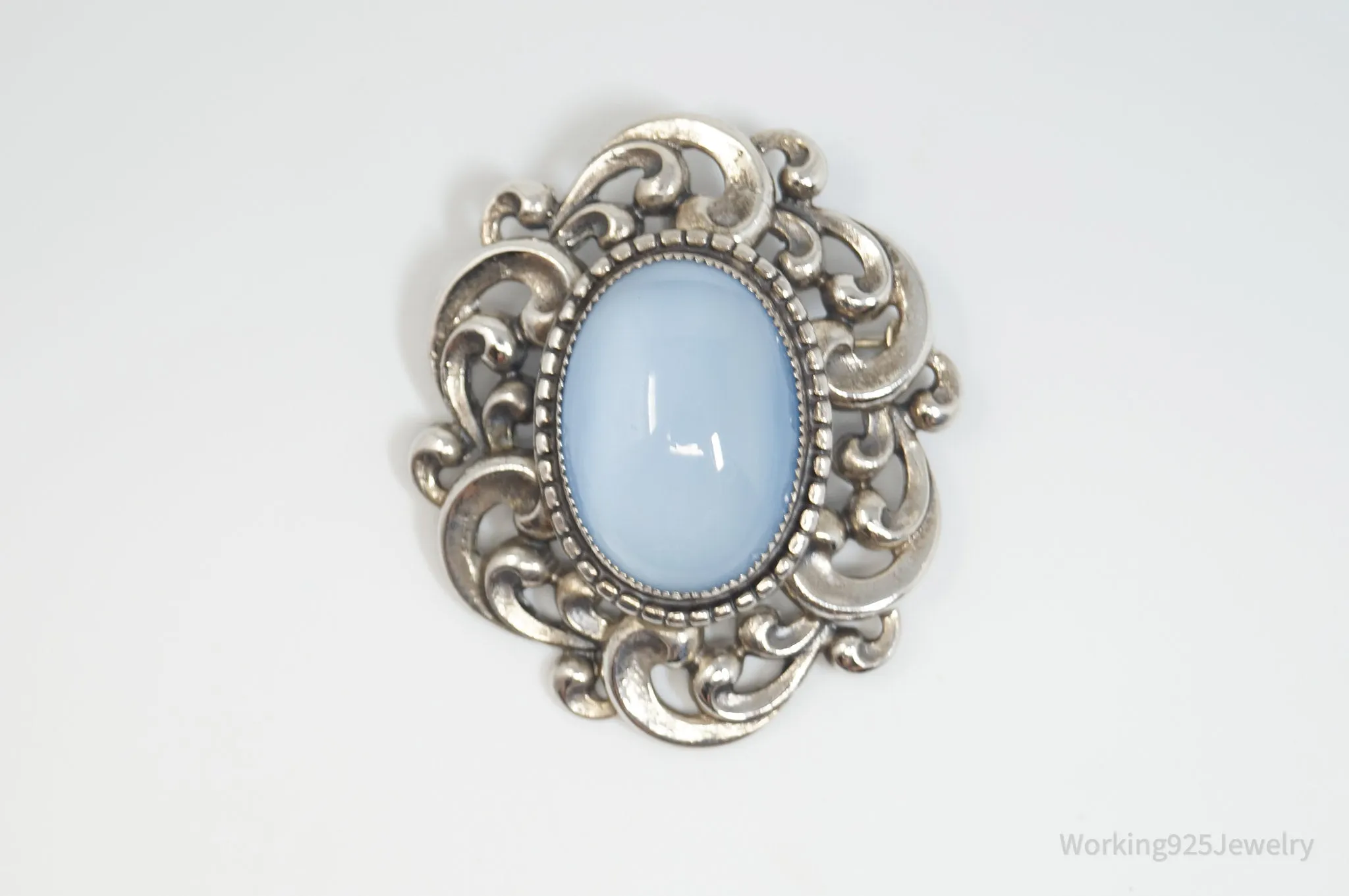 Vintage 1950s Danecraft Blue Opalite Stone Sterling Silver Pendant Pin Brooch