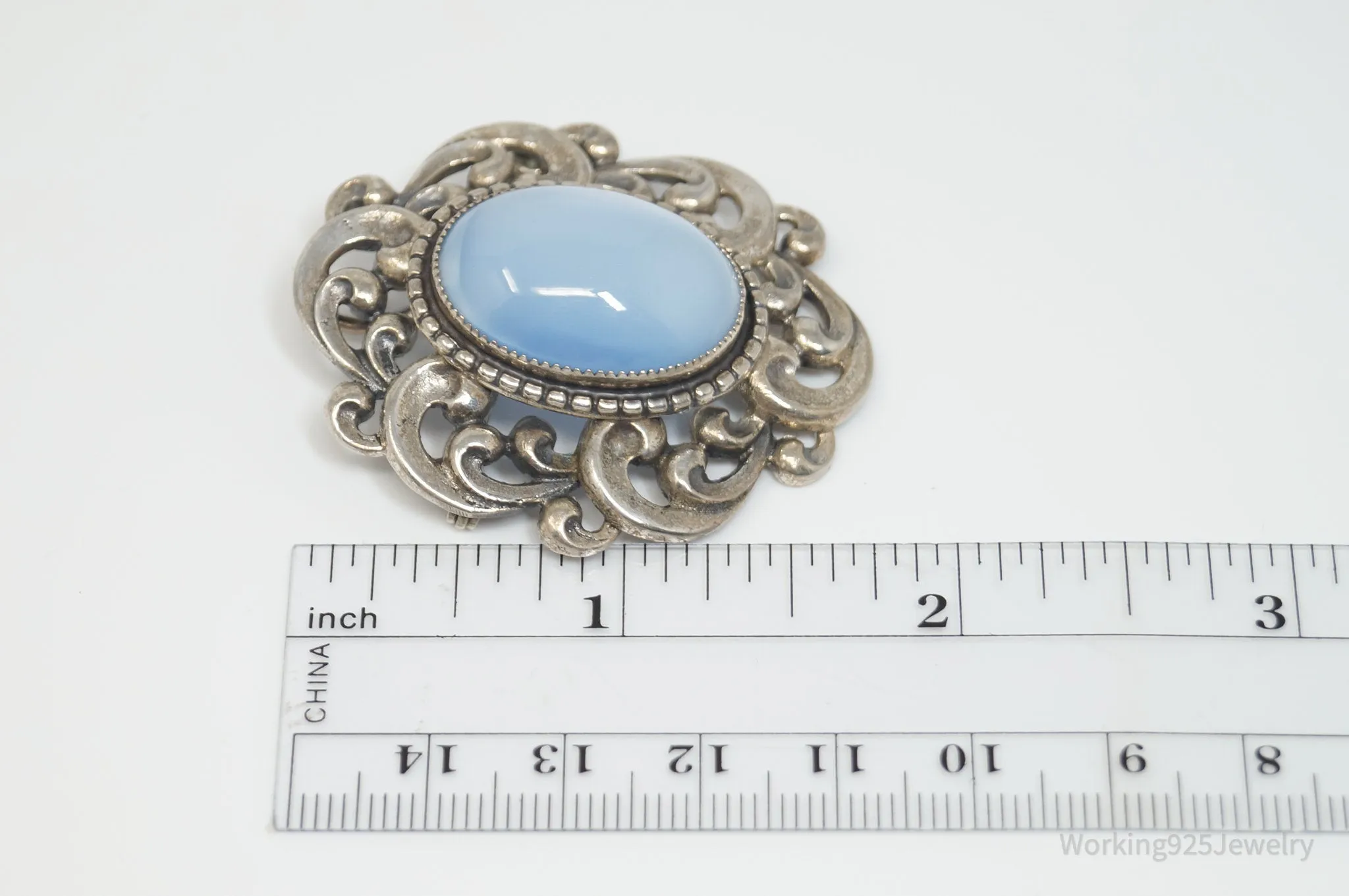 Vintage 1950s Danecraft Blue Opalite Stone Sterling Silver Pendant Pin Brooch