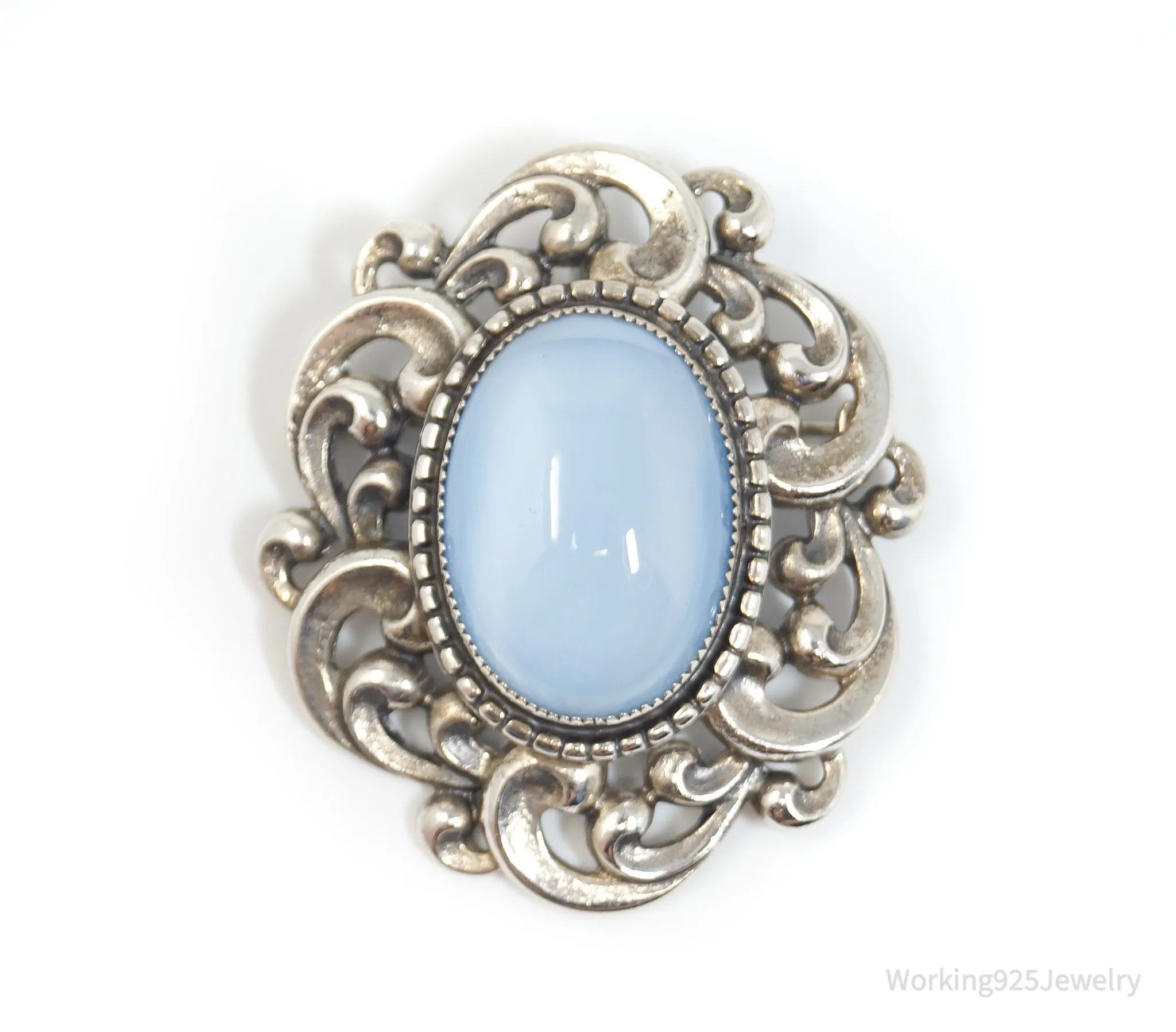 Vintage 1950s Danecraft Blue Opalite Stone Sterling Silver Pendant Pin Brooch