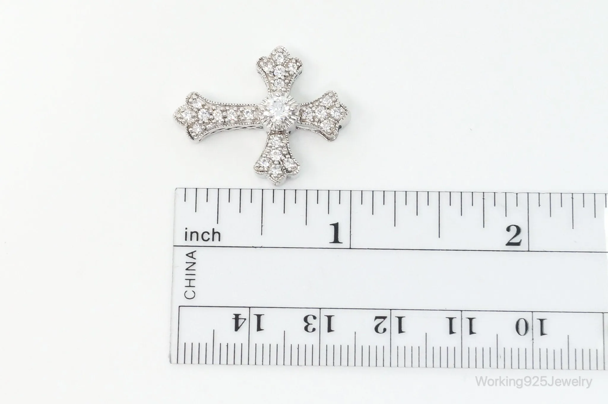 Vintage Designer MEDA Cubic Zirconia Cross Sterling Silver Necklace Pendant