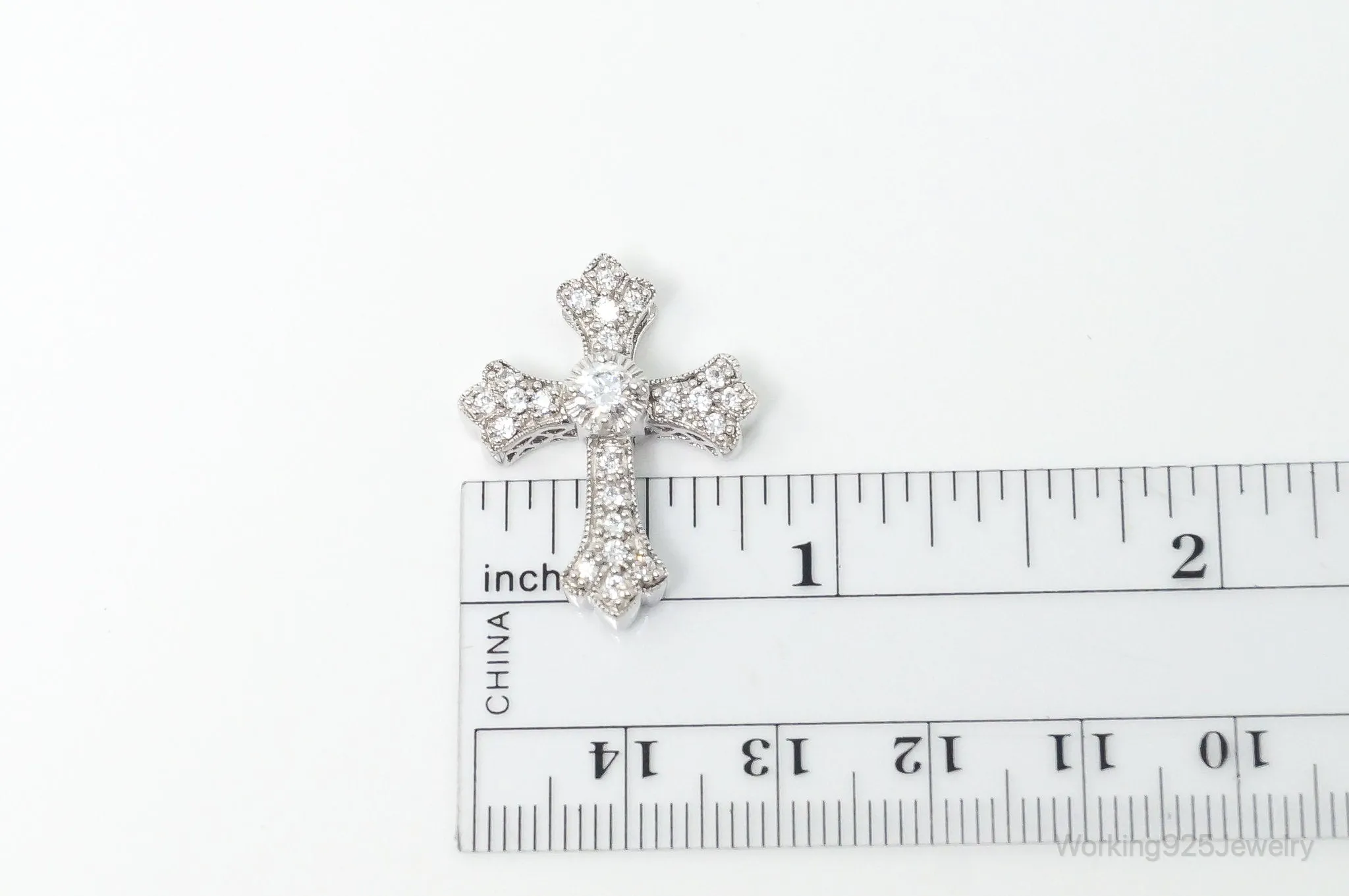 Vintage Designer MEDA Cubic Zirconia Cross Sterling Silver Necklace Pendant