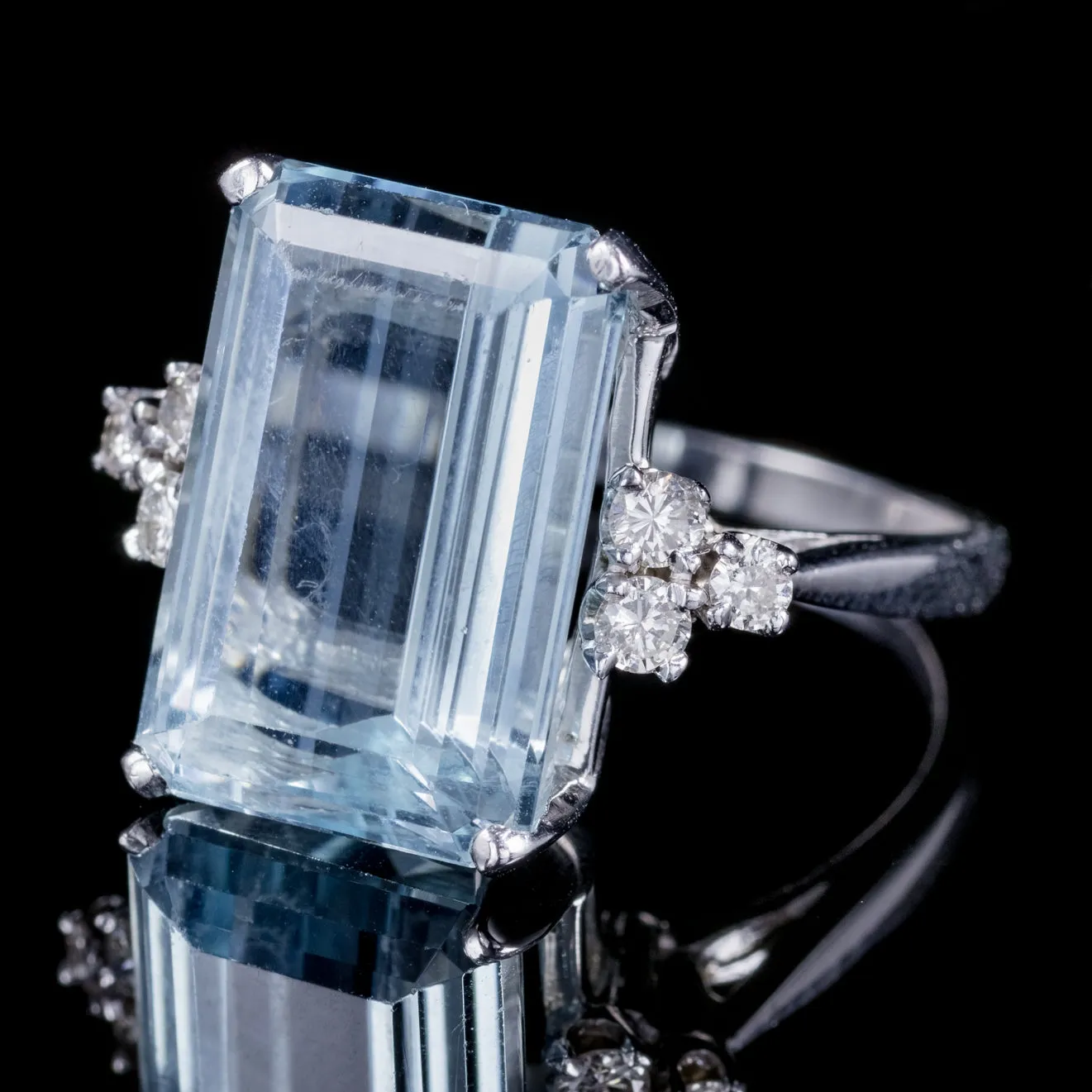 Vintage Emerald Cut Aquamarine Diamond Ring 14Ct Gold