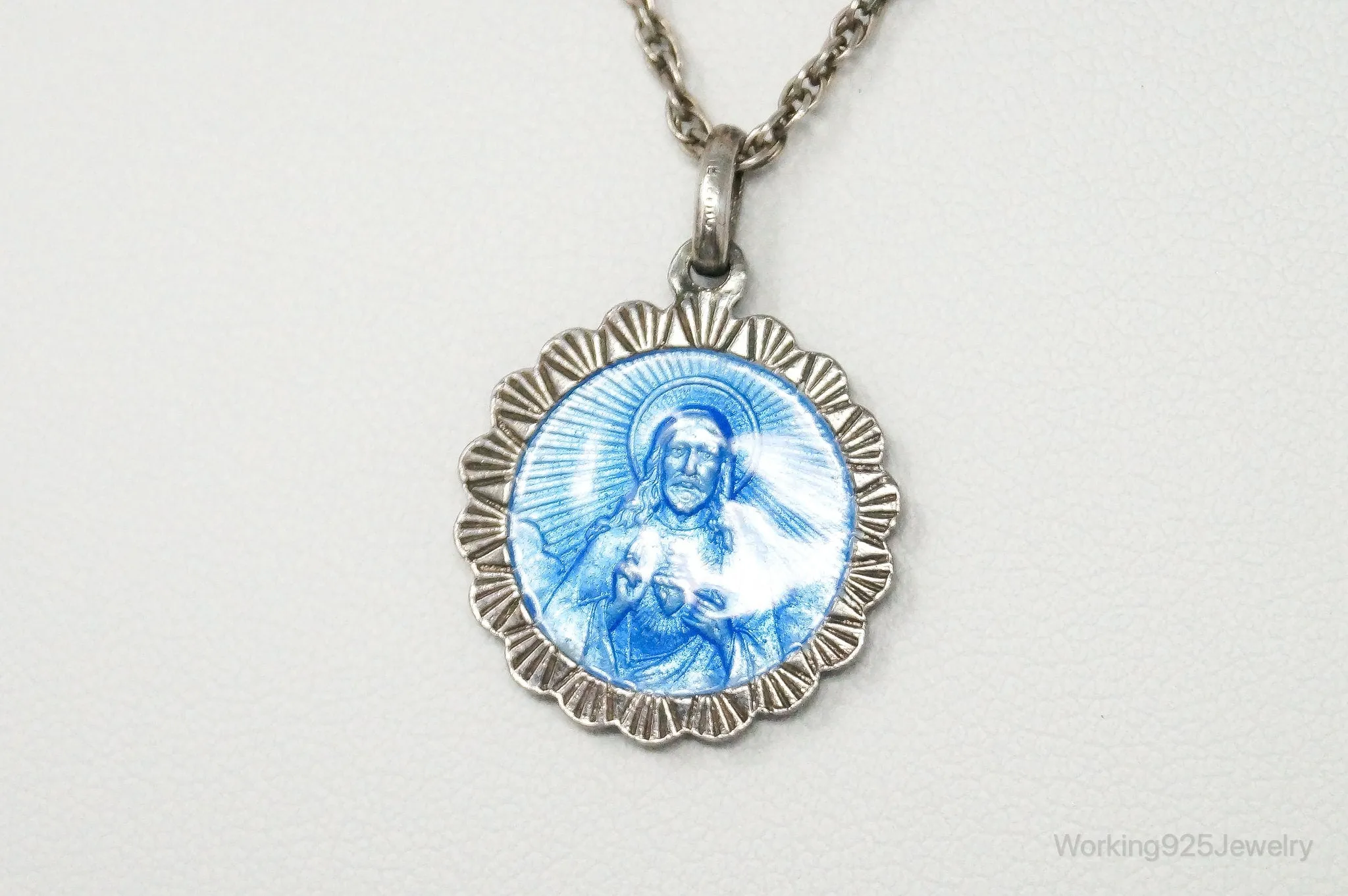 Vintage French Mother Mary Jesus Blue Enamel Sterling Silver Necklace