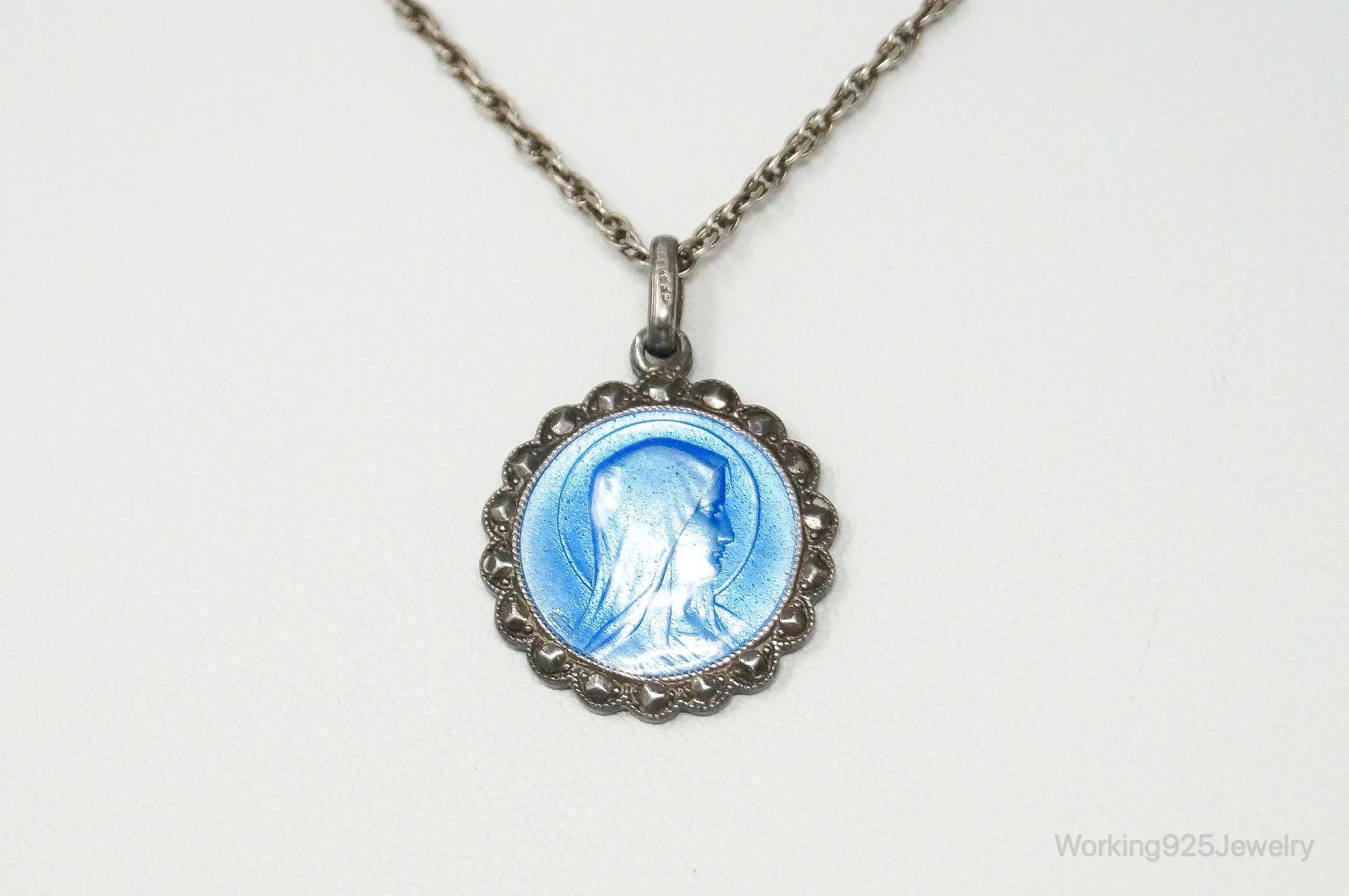 Vintage French Mother Mary Jesus Blue Enamel Sterling Silver Necklace