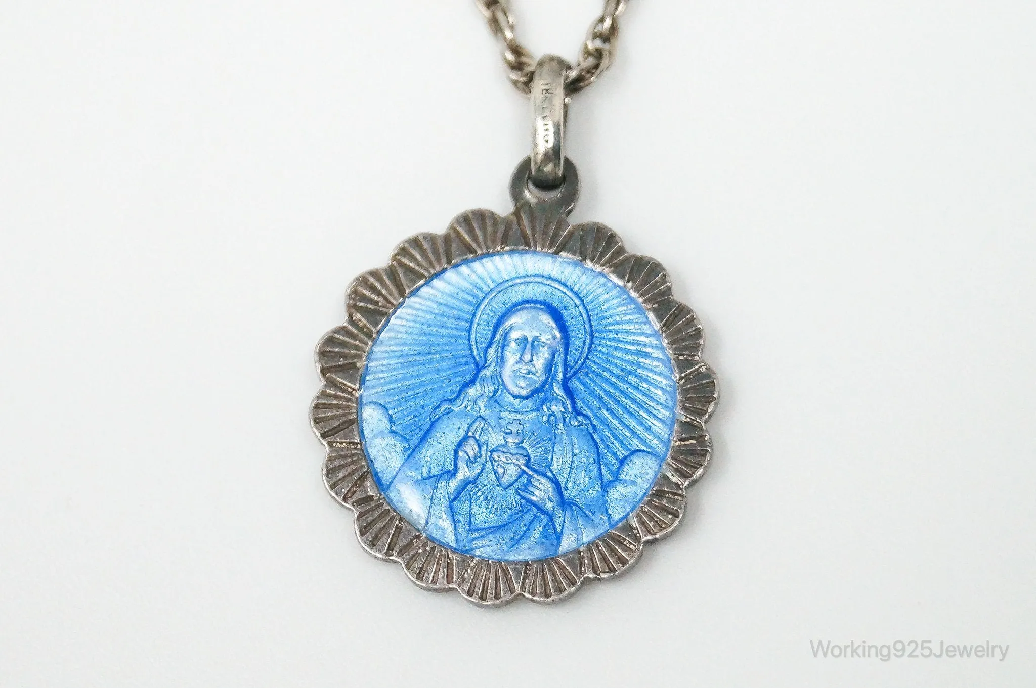 Vintage French Mother Mary Jesus Blue Enamel Sterling Silver Necklace