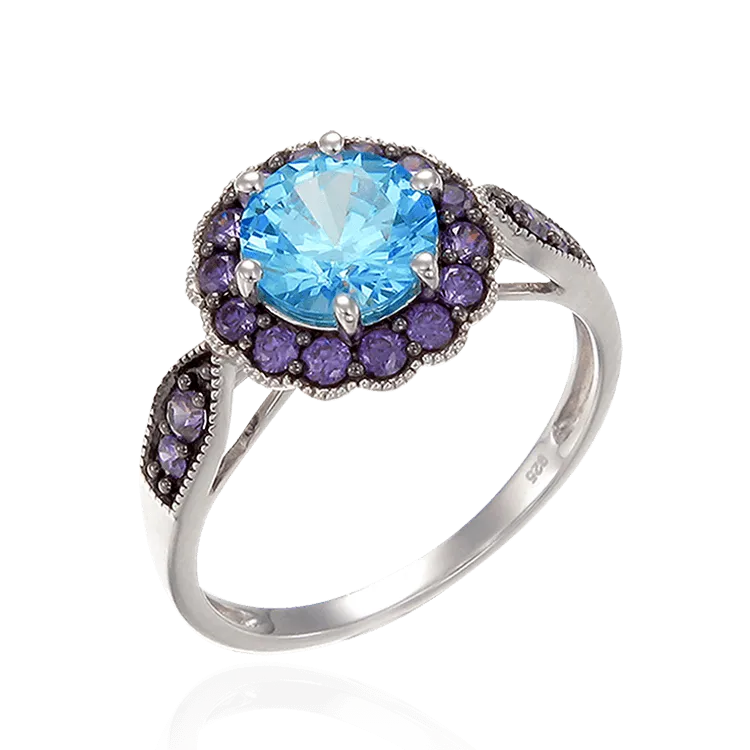 Vintage Inspired Ring in Aquamarine and Purple CZ