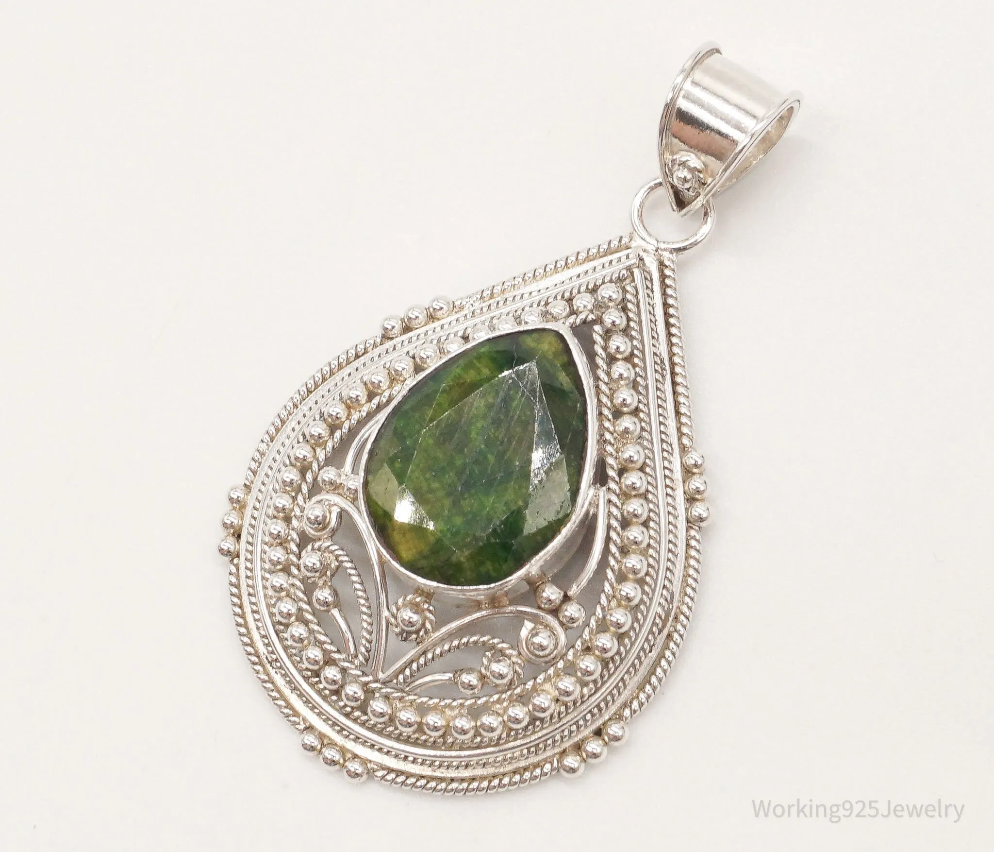 Vintage Large Green Stone Sterling Silver Pendant