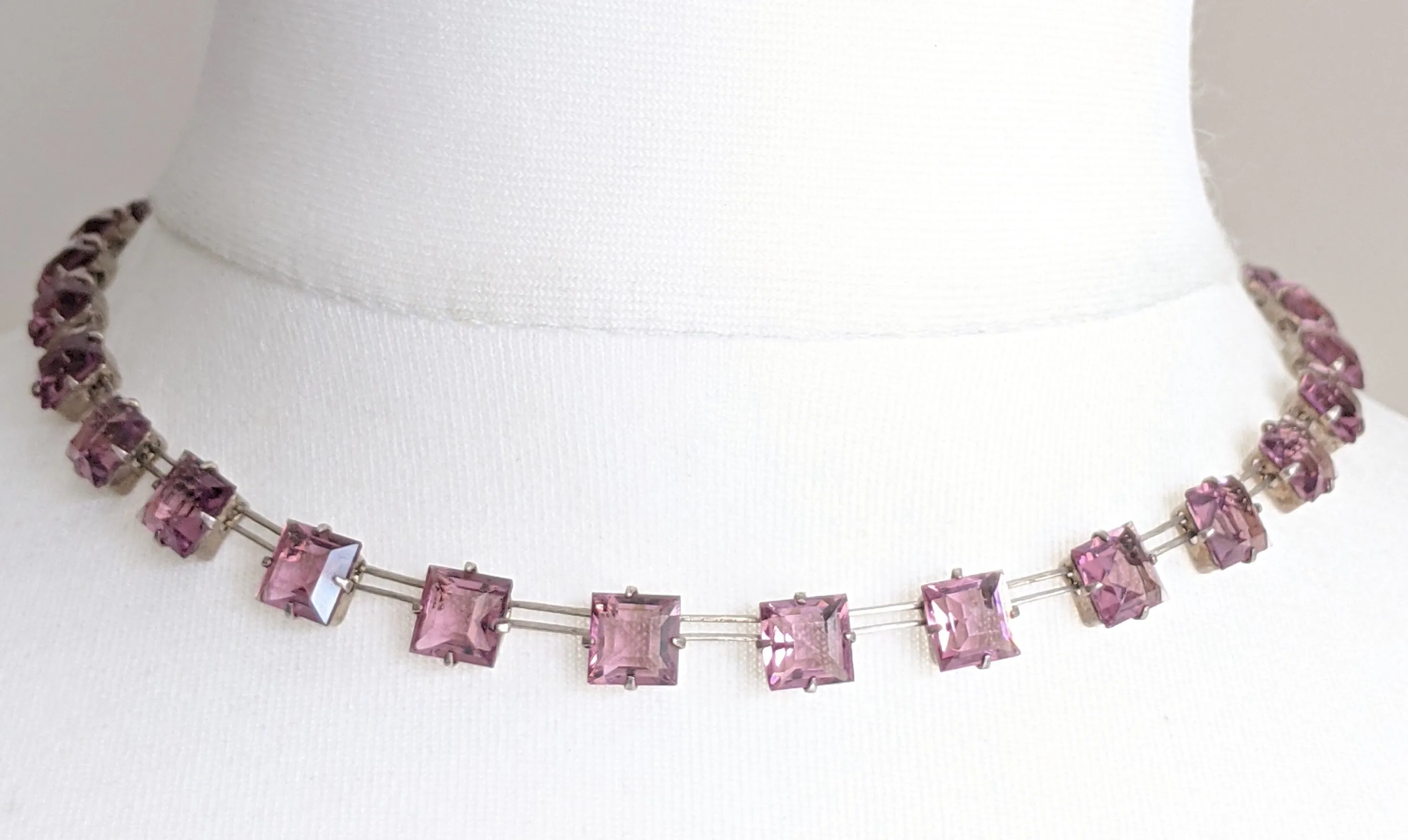 Vintage sterling silver Art Deco amethyst purple princess cut / square crystal riviere necklace bezel set, open backed, by W H Collins