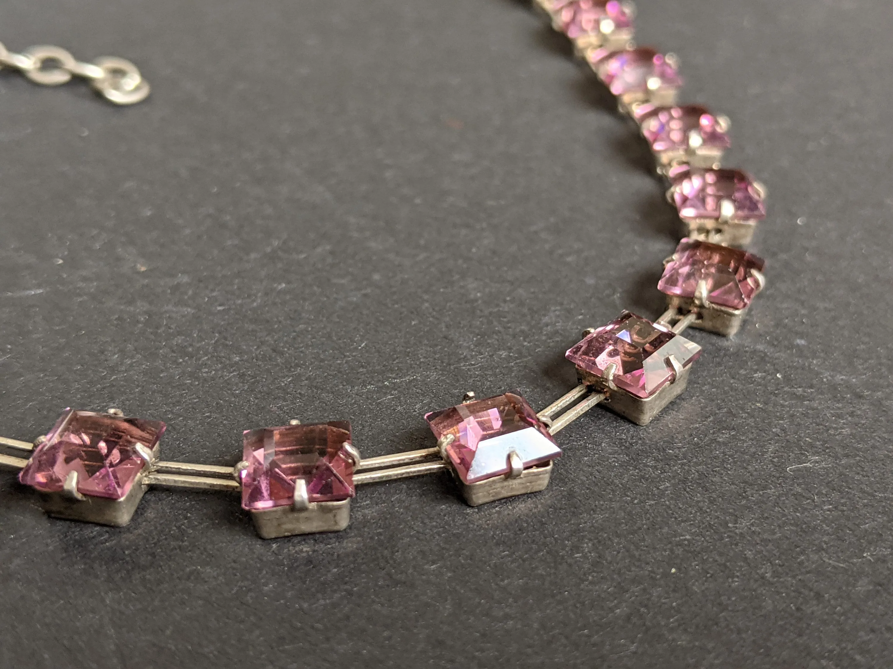 Vintage sterling silver Art Deco amethyst purple princess cut / square crystal riviere necklace bezel set, open backed, by W H Collins