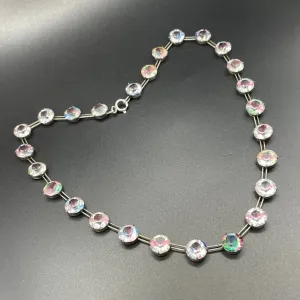 Vintage sterling silver Art Deco iris glass crystal riviere necklace, bezel set, open backed rhinestones, by W H Collins