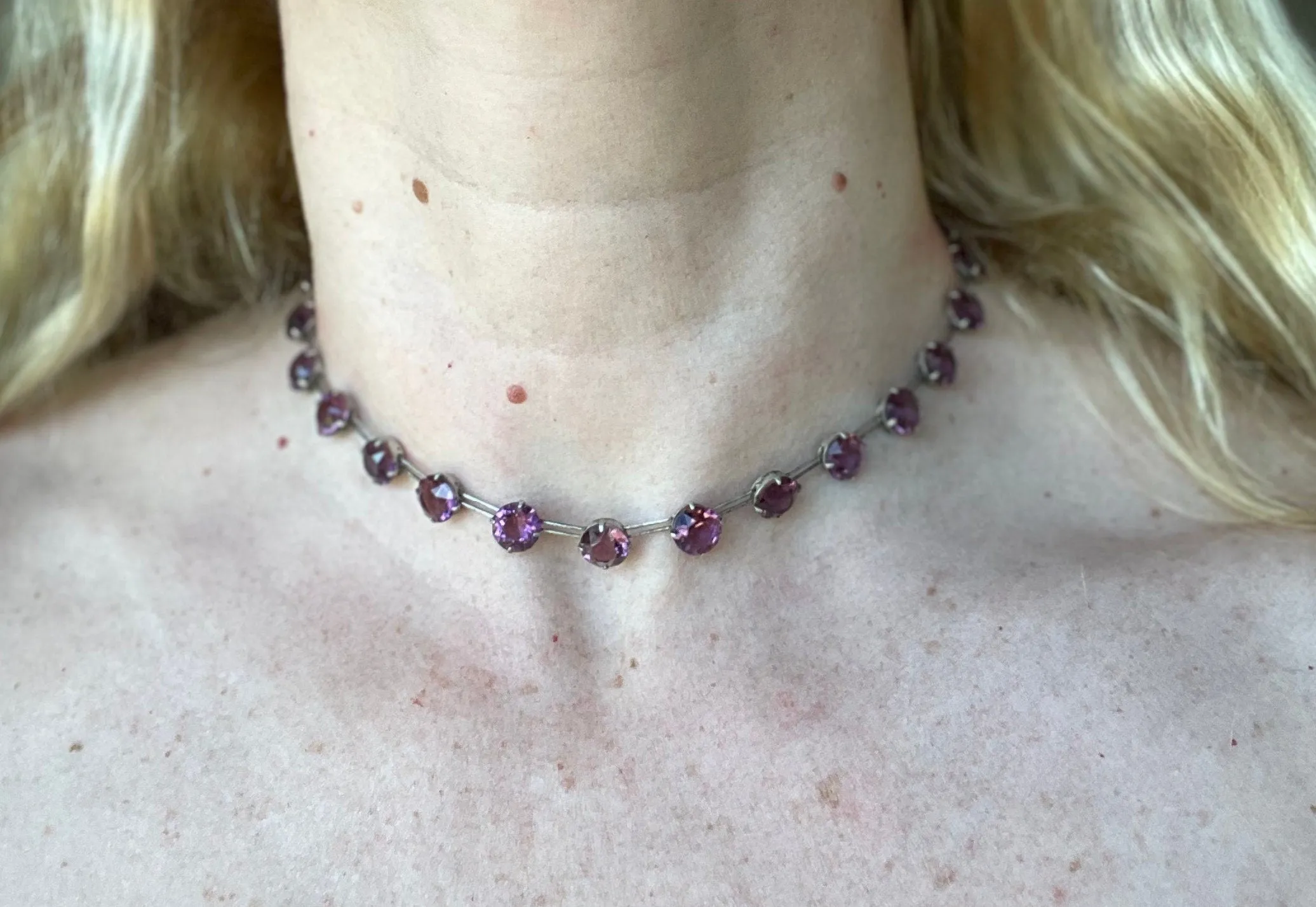 Vintage sterling silver Art Deco ruby pink / amethyst purple chaton cut crystal rhinestone riviere necklace bezel set, open backed, by W H Collins